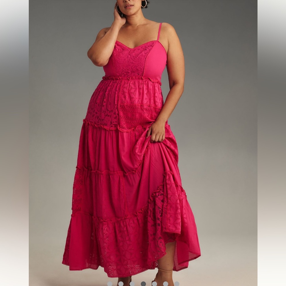 Anthropologie 1X Bhanuni by Jyoti Patchwork Lace Tiered Plus Tank Maxi Dress